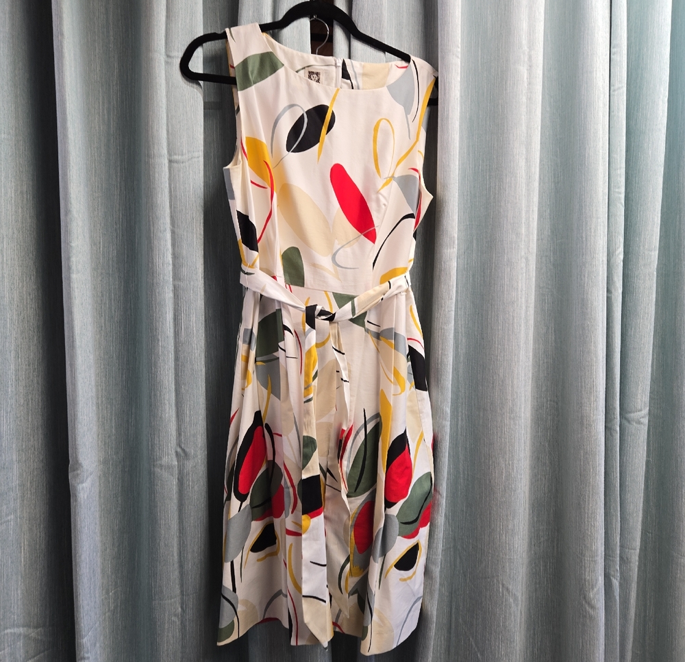 Anne Klein White Midi Dress with Red, Green, Yellow & Black Abstract Print
